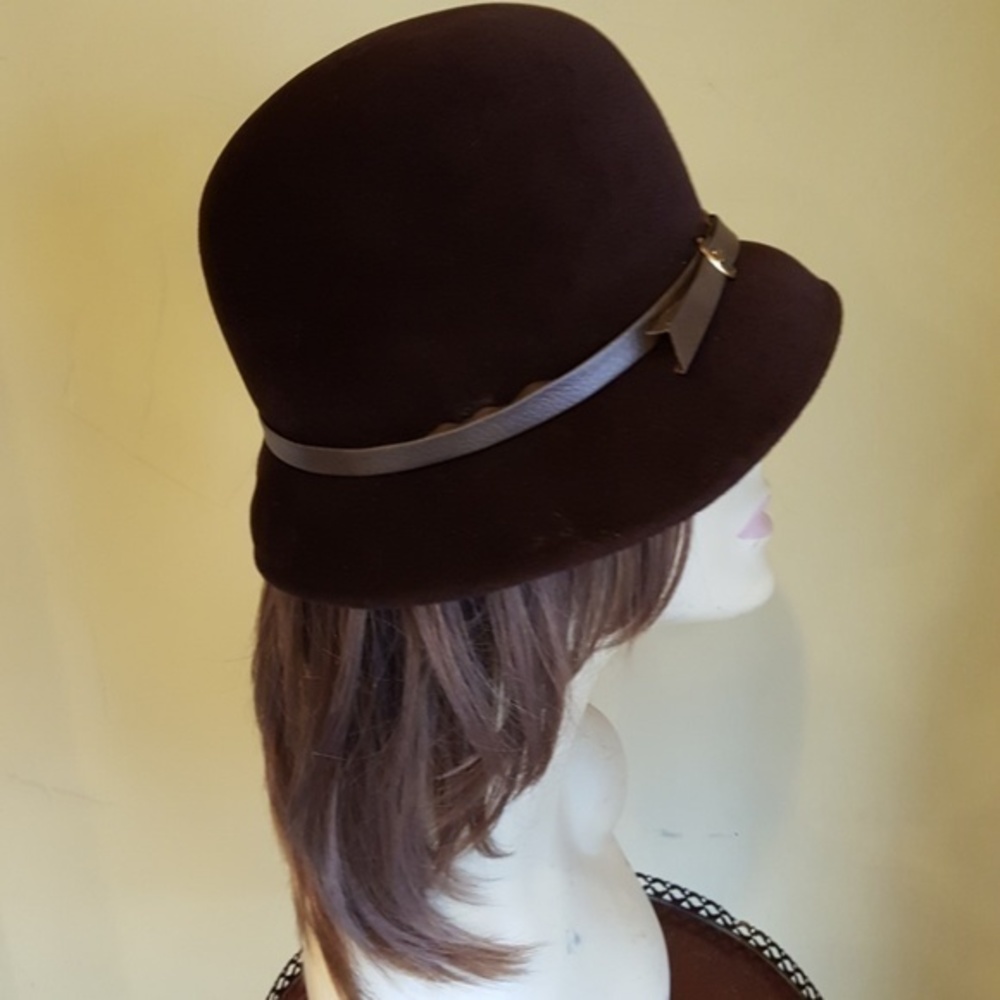 VINTAGE CHOCOLATE BROWN GENUINE VELOUR LEATHER TRIM HAT - Picture 3 of 6